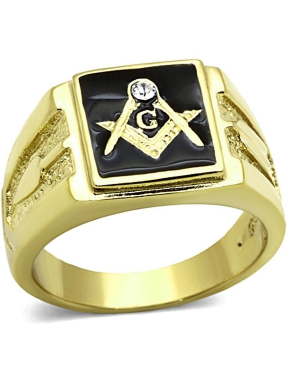 Men's Stainless Steel Gold Ion Plated Masonic Ring with Crystal, Sizes 8-13